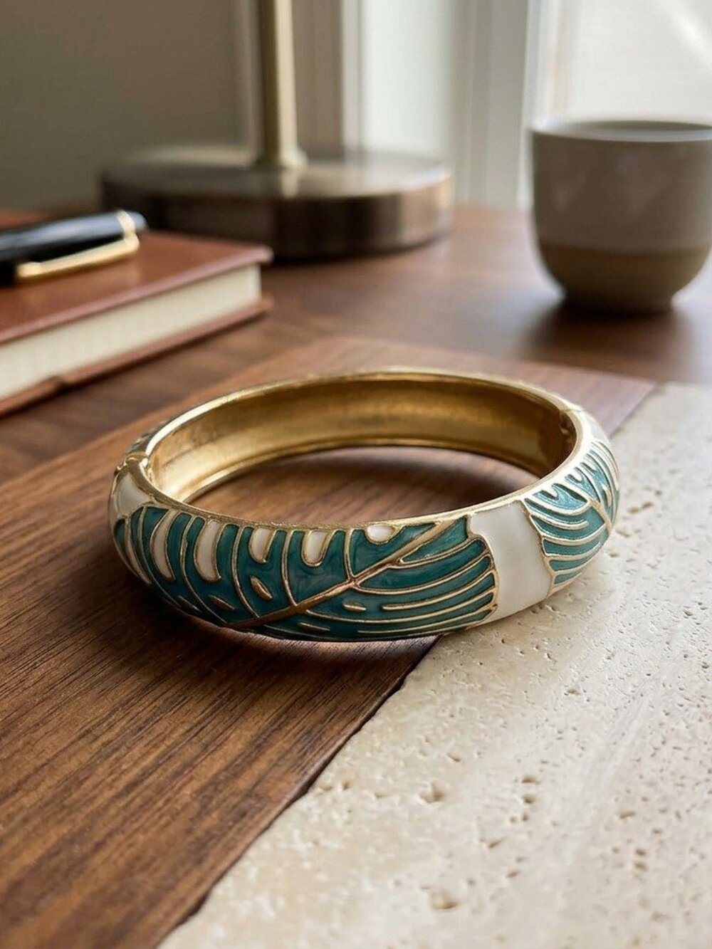 Monstera Leaf Bangle Bracelet Enamel Hinged Tropical Hawaiian Statement Women